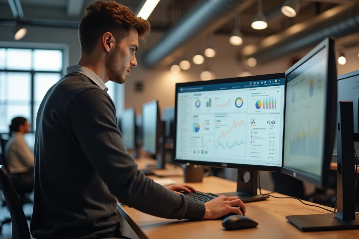 Jeune entrepreneur analysant des statistiques d'avis clients sur un écran d'ordinateur dans un espace de coworking moderne pour optimiser ses ventes