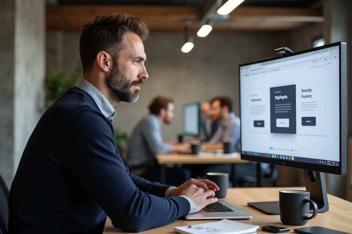 Entrepreneur comparant les prix de services de formation digitale sur son ordinateur dans un espace de coworking