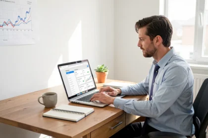 Entrepreneur consultant une base de marques sur un ordinateur portable