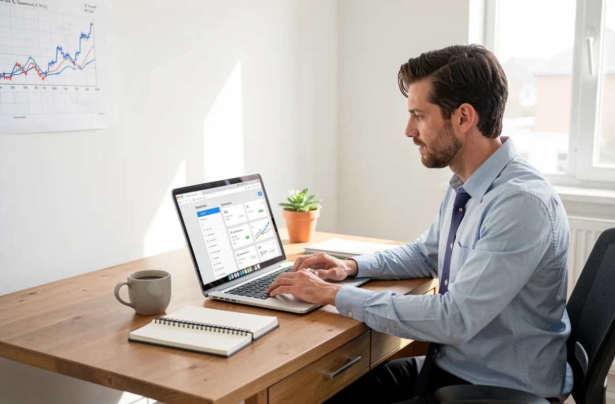 Entrepreneur consultant une base de marques sur un ordinateur portable