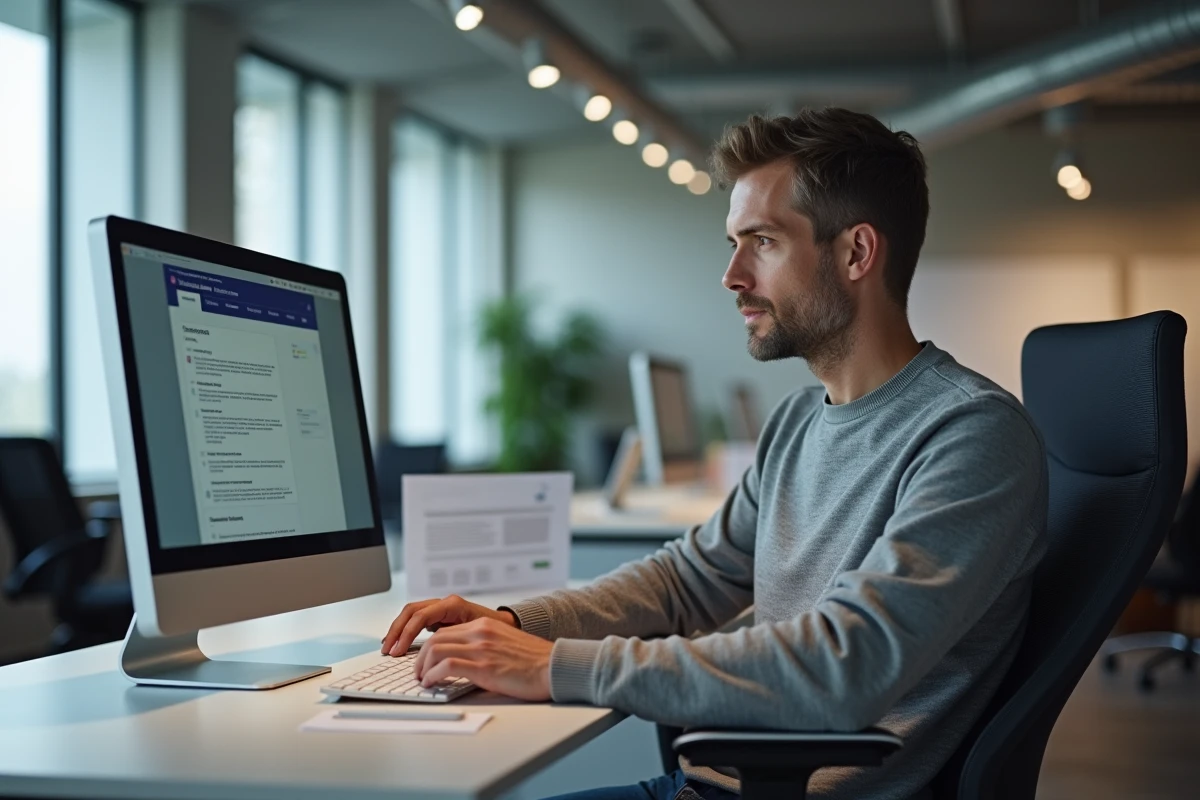 Entrepreneur masculin consultant le site officiel pour compléter son dossier ACRE en ligne dans un espace de coworking