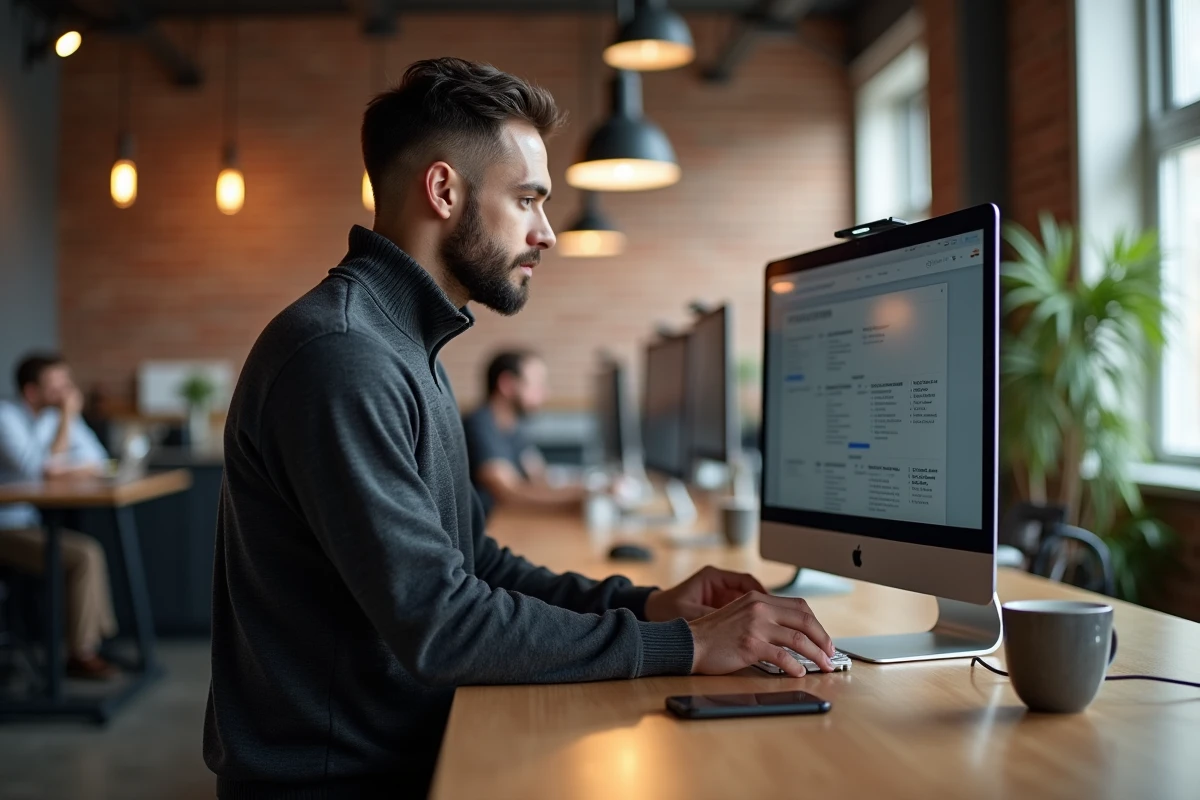 Entrepreneur consultant une plateforme de mise en relation B2B sur son écran dans un espace de co-working moderne