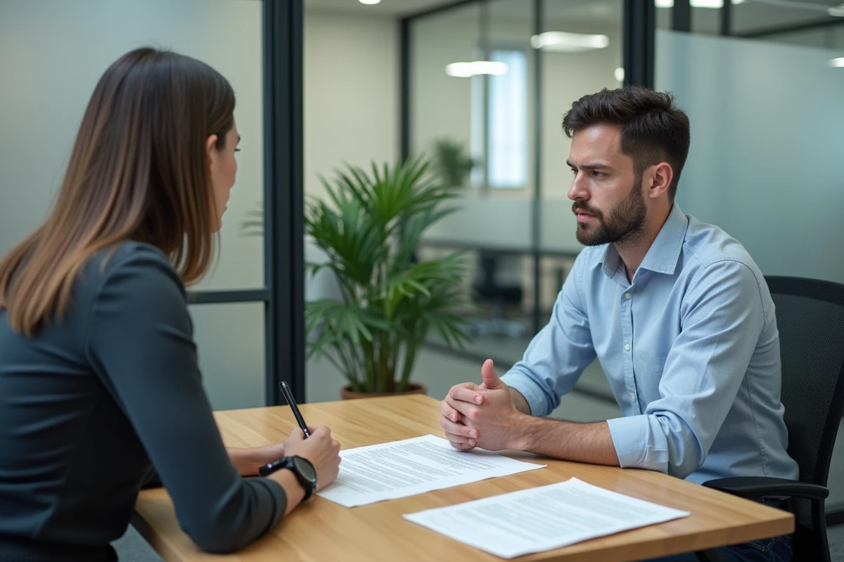 Employé et responsable RH discutant du solde de tout compte lors d'un entretien de fin de contrat