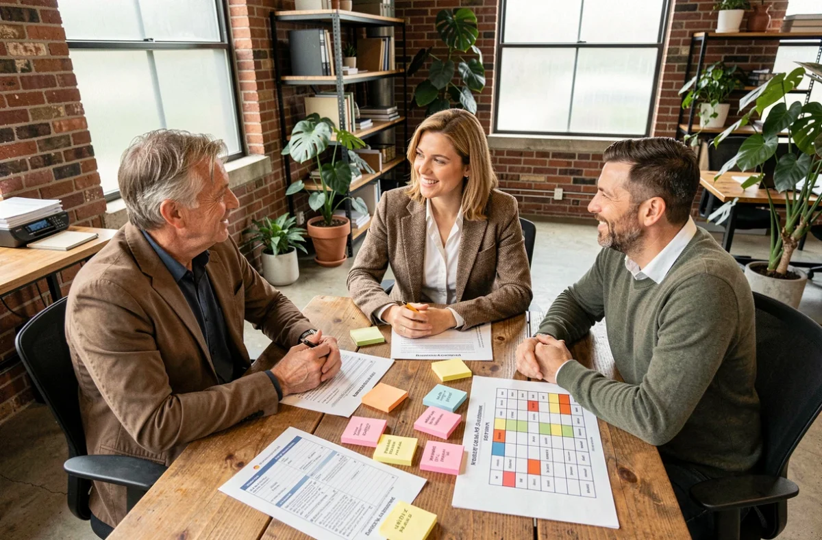 Équipe d'analystes travaillant ensemble sur une cartographie des risques avec documents et post-its colorés