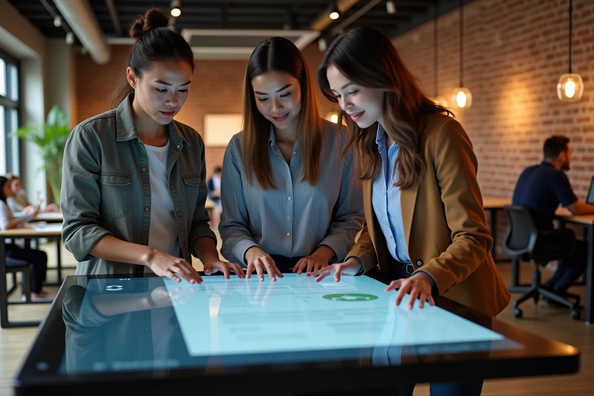 Équipe de professionnels collaborant autour d'un écran interactif avec l'IA Mistral Le Chat intégrée à leurs outils collaboratifs dans un espace de coworking