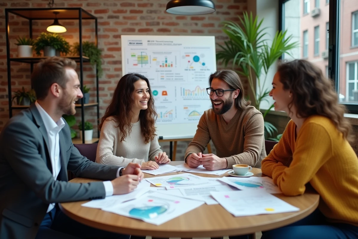 Équipe de décideurs discutant d'une feuille de route d'intelligence artificielle et d'automatisation en espace collaboratif