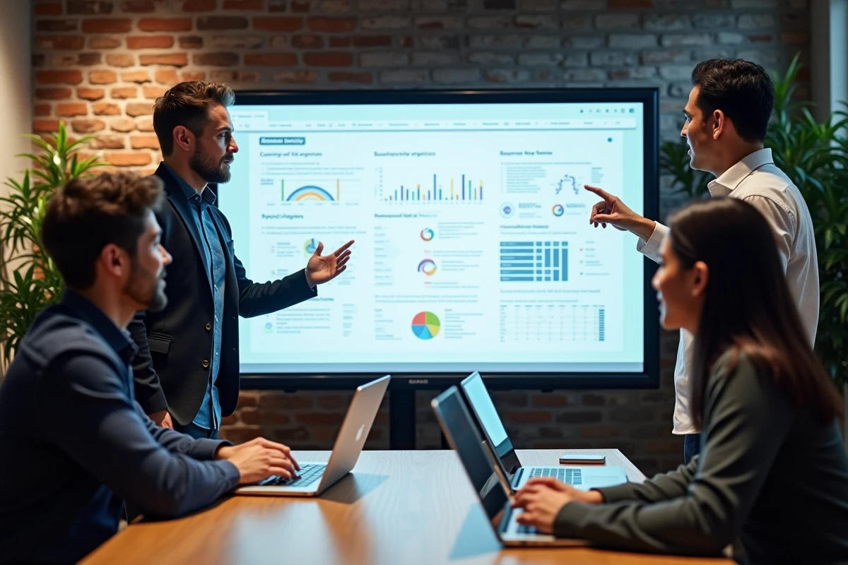 Jeune équipe discutant devant un tableau interactif avec la matrice McKinsey