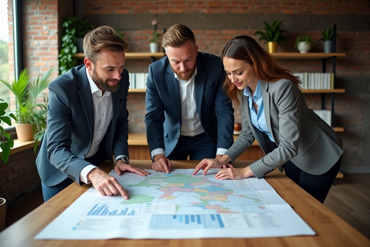Groupe de professionnels analysant une carte de marché