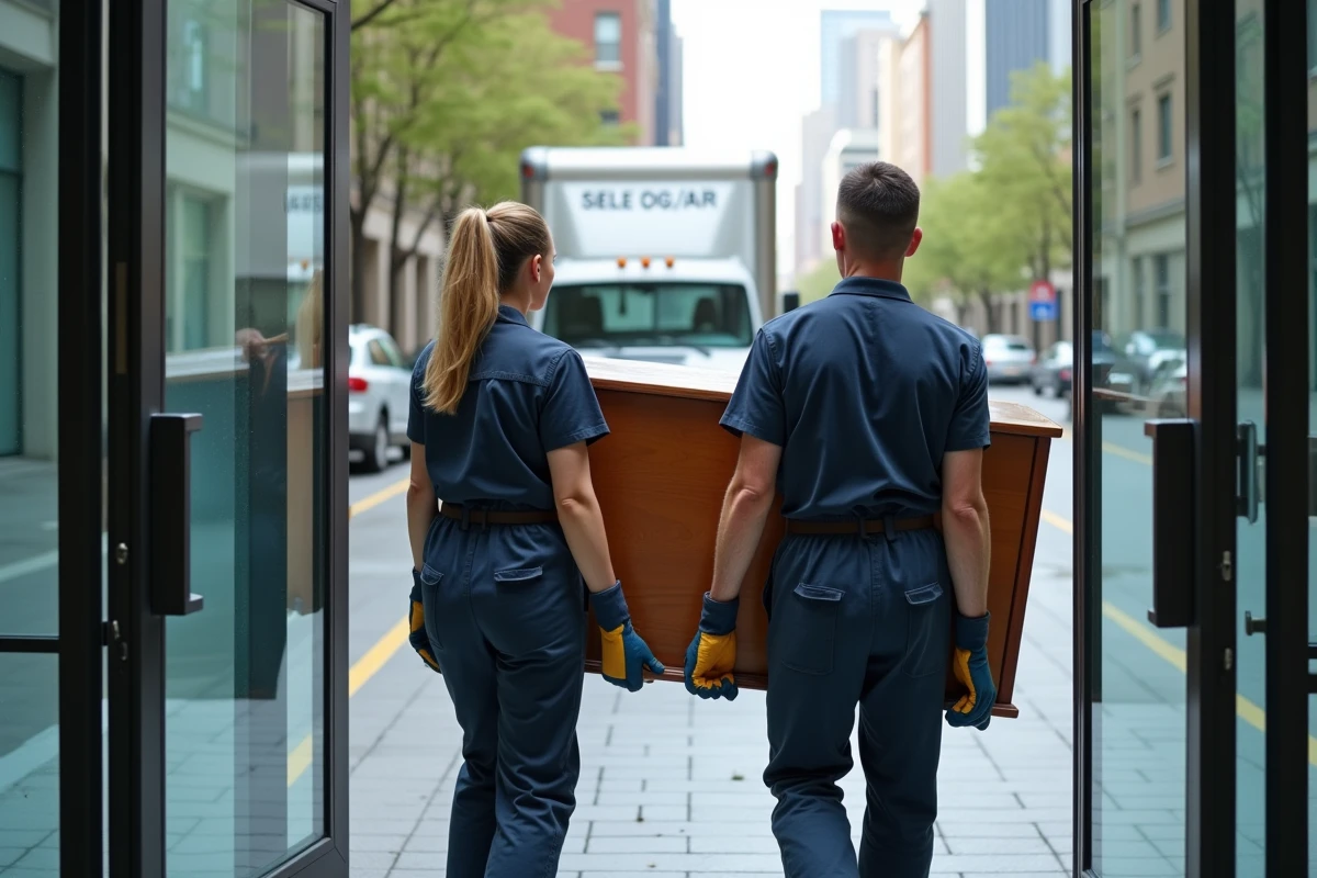 Équipe professionnelle de débarras entreprise transportant du mobilier hors d'un immeuble de bureaux