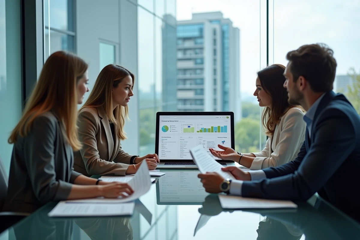 Équipe RH en réunion analysant un tableau de bord centralisé pour la gestion de la paie, des congés et des entretiens