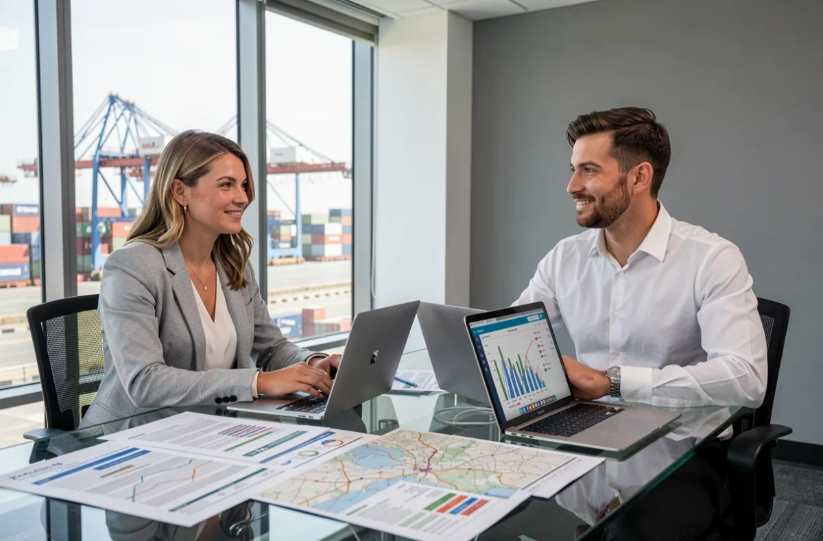 Équipe de spécialistes en supply chain analysant des données logistiques dans un bureau avec vue sur terminal portuaire