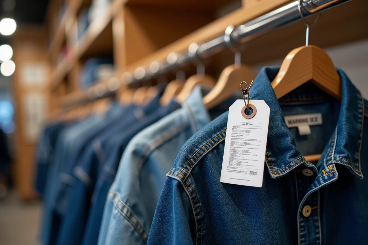 Gros plan sur une étiquette antivol accrochée à une veste en jean dans un magasin de vêtements, symbolisant la lutte contre le vol à l'étalage