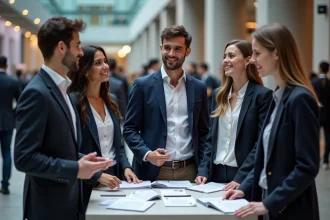 Groupe de jeunes professionnels découvrant le programme de l'événement Lesentreprisesfrenchy 2026 dans un hall de conférence moderne