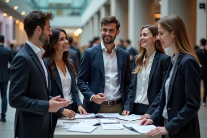 Groupe de jeunes professionnels découvrant le programme de l'événement Lesentreprisesfrenchy 2026 dans un hall de conférence moderne