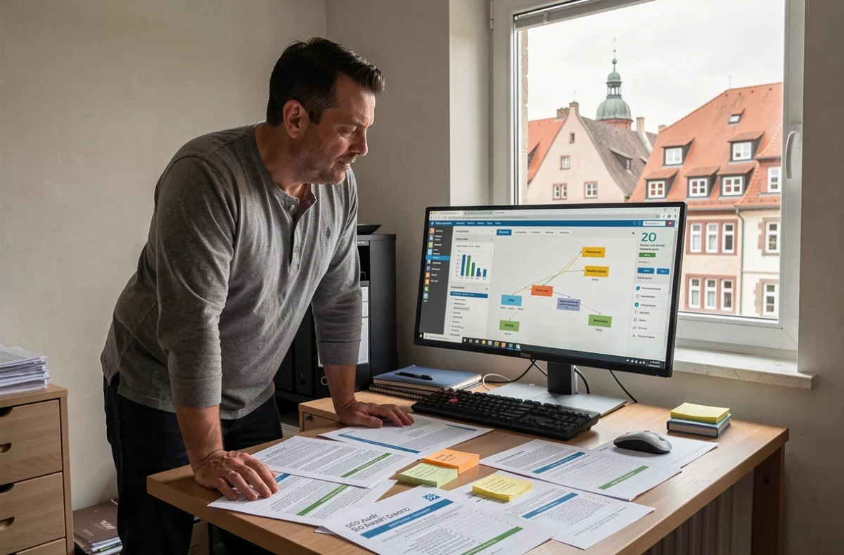 Expert SEO travaillant sur un audit de site web depuis son bureau à domicile avec vue sur les toits de Strasbourg