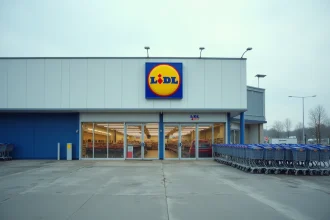 Façade extérieure d'un supermarché Lidl avec le logo circulaire bleu, rouge et jaune bien visible