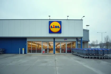 Façade extérieure d'un supermarché Lidl avec le logo circulaire bleu, rouge et jaune bien visible