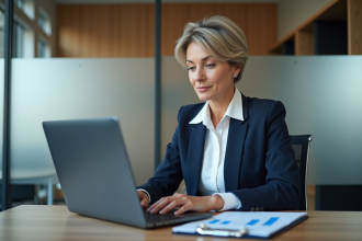 Femme d'affaires analyse des graphiques sur son ordinateur