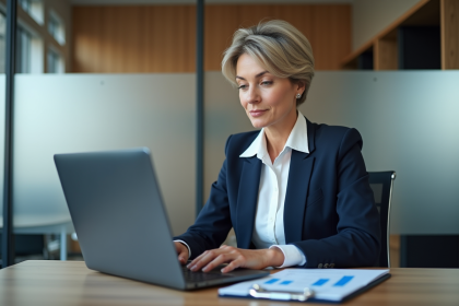 Femme d'affaires analyse des graphiques sur son ordinateur