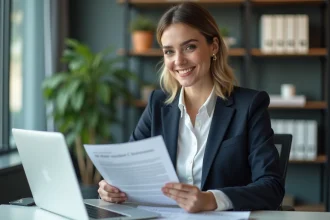 Femme d'affaires examine un contrat avec bon repas
