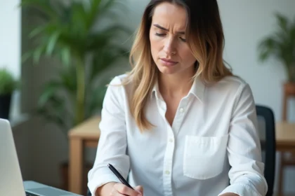 Femme en bureau analysant une fiche de paie avec annotations stylo, illustrant le calcul du point convention 51