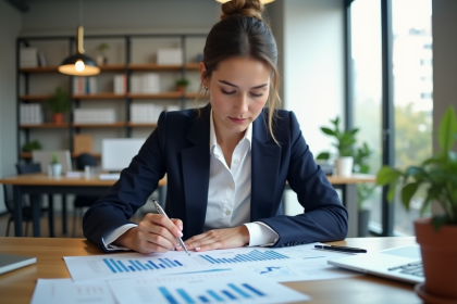 Femme en blazer analyse des graphiques financiers au bureau
