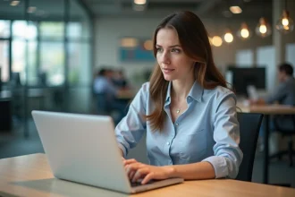 Femme concentrée analysant des graphiques numériques au bureau