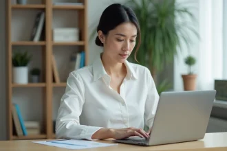 Femme consultant un bulletin de paie en ligne sur son ordinateur portable dans un bureau à domicile moderne