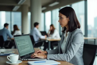 Femme professionnelle utilisant l'assistant IA Le Chat de Mistral intégré à ses outils de travail dans un bureau moderne