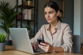 Femme au bureau regardant un ordinateur avec erreur de connexion