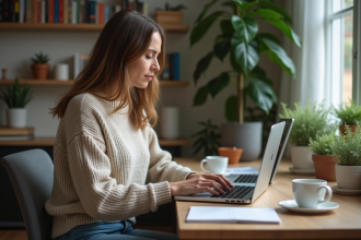 Femme travaillant sur son ordinateur dans un bureau à domicile
