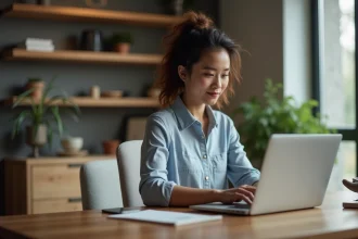 Femme au bureau utilisant un ordinateur portable moderne