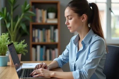 Femme en bureau moderne regardant son ordinateur