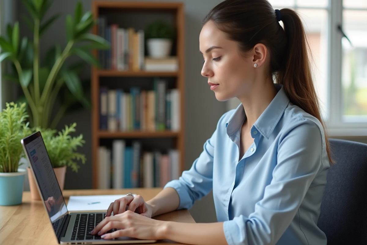 Femme en bureau moderne regardant son ordinateur