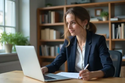 Femme en bureau moderne regardant son ordinateur