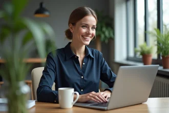 Femme concentrée travaillant sur son ordinateur dans un bureau moderne