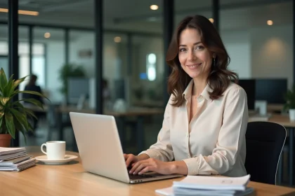 Femme d'affaires tapant sur un ordinateur dans un bureau moderne