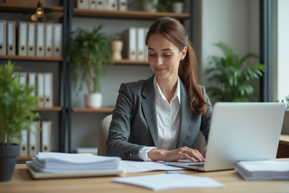 Femme en bureau organisant des dossiers et tapant sur un ordinateur