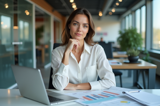 Femme pensant dans un bureau moderne avec rapports