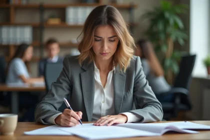 Femme cadre examinant les documents de solde de tout compte à son bureau professionnel