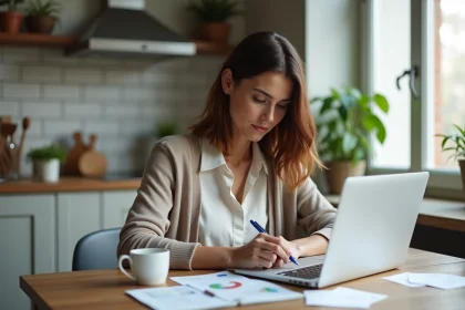 Femme concentrée calculant des chiffres à la maison