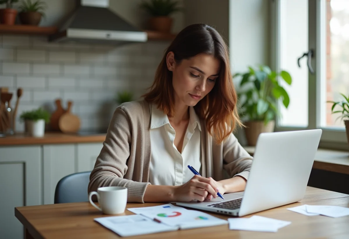 Femme concentrée calculant des chiffres à la maison