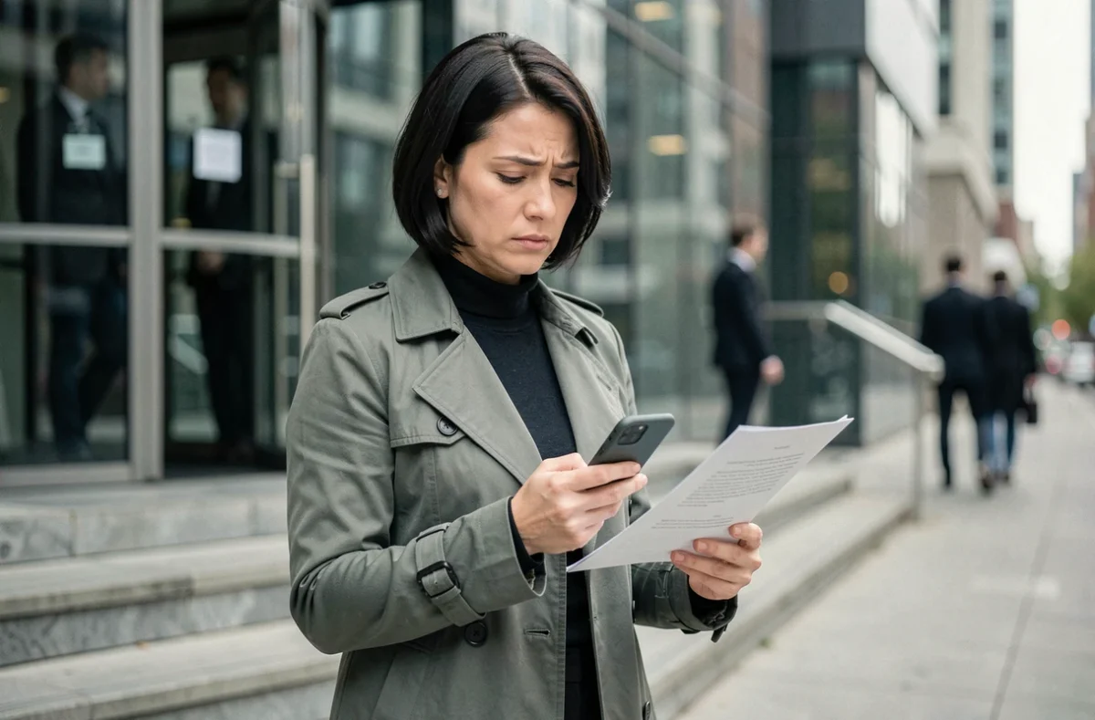 Femme en contrat à durée déterminée consultant une lettre de rupture de contrat et son téléphone devant un immeuble de bureaux