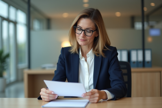 Femme d'âge moyen examinant un certificat au bureau