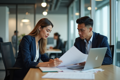 Femme d affaires examinant des documents au bureau