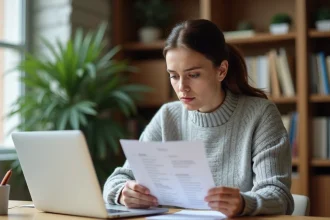 Femme consultant une liste de marques sur papier et un site web pour comparer des achats 2026