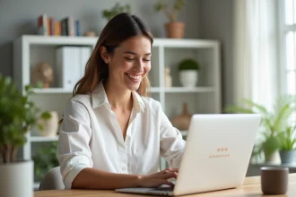 Femme consultant des avis clients en ligne sur son ordinateur portable dans un bureau moderne pour améliorer ses ventes e-commerce