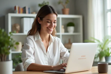 Femme consultant des avis clients en ligne sur son ordinateur portable dans un bureau moderne pour améliorer ses ventes e-commerce