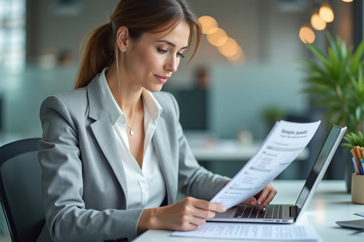 Femme professionnelle consultant sa fiche de paie en ligne sur un portail sécurisé My Arkevia au bureau