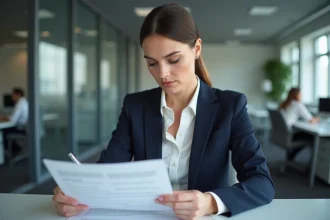 Femme en blazer marine examinant un contrat CDD à durée déterminée dans un bureau moderne